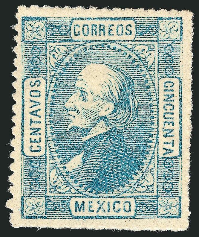 MEXICO, 1872, 50c Blue, Error of Color (102b).> Unused (no gum), typical rough margins, well-centered and Very Fine