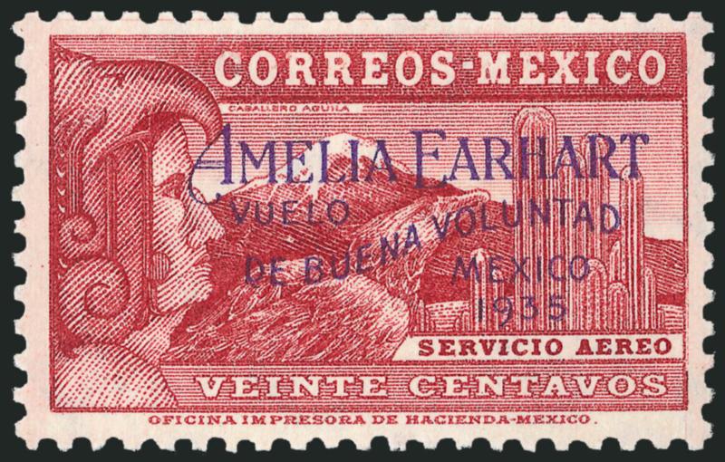 MEXICO, 1935, 20c Brown Carmine, Amelia Earhart Overprint (C74).> Mint N.H., wonderfully fresh and well-centered, Very Fine and choice, signed H. Bloch and with Sanabria handstamp guarantees