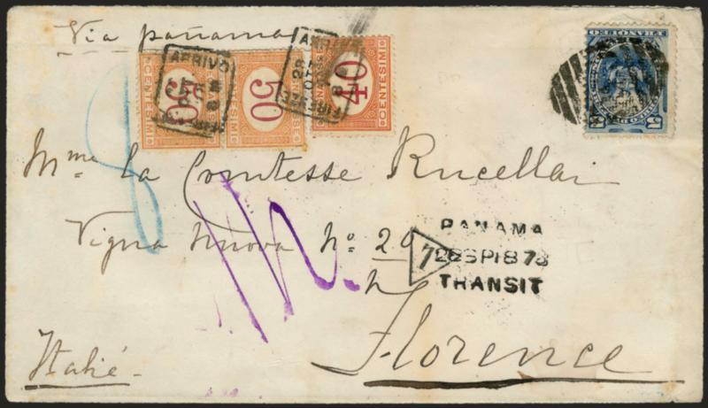 PERU, 1877, 5c Blue (23).> Tied by British Post Office at Callao B38 oval grid on partly prepaid 1878 cover <to Florence, Italy,> 40c and vertical pair 50c Italian Postage dues affixed on arrival to make up the
deficiency and tied by Arrivo Firenz