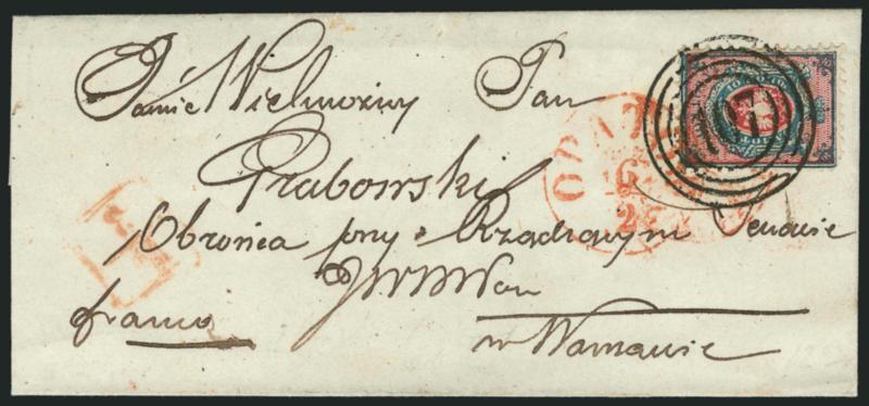 POLAND, 1860, 10k Blue & Rose (1).> Nicely centered, tied by bold 107 in four-ring target and red circular datestamp on small neat folded cover to Warsaw , very trivial rounded top right corner perf, otherwise
Very Fine, quite attractive