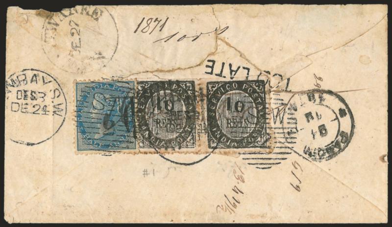 PORTUGUESE INDIA, 1871, 10r Black (1).> Cover bearing horizontal pair and used with India -12a Blue (20) tied by Bombay S.W. DE 24 duplexes on back of cover to Nova Goa, pair also tied by <Too Late> handstamp,
1871 docketing, slightly reduced at