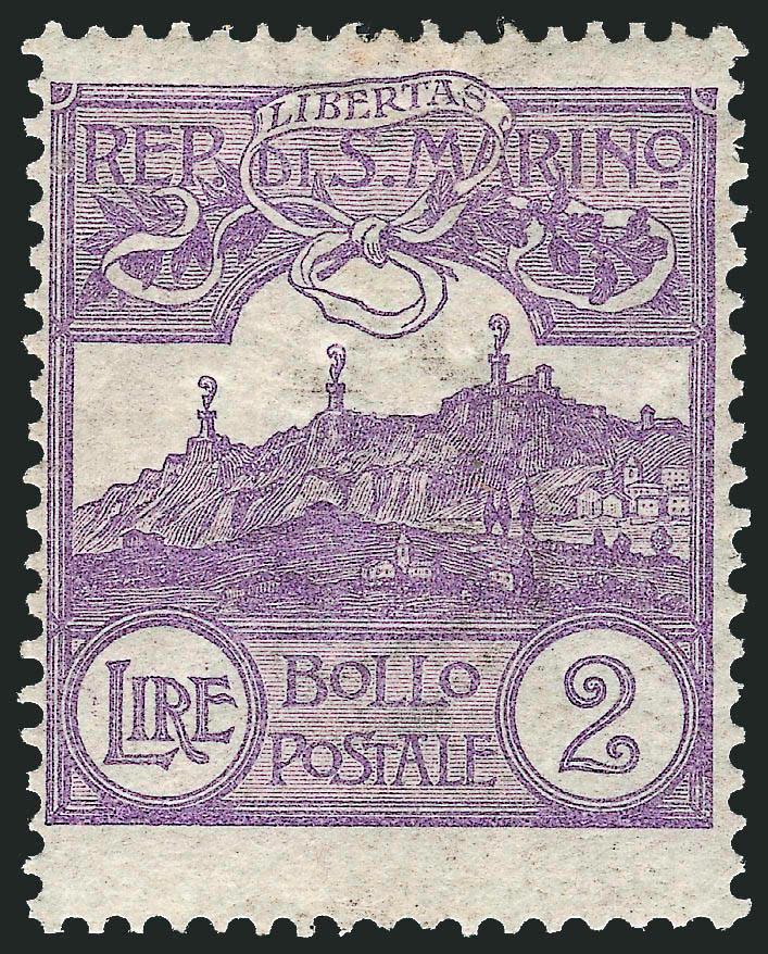 SAN MARINO, 1903, 2l Violet (72).> Typical crackly original gum, lightly hinged, trivial natural perf dimple top left, normally a stamp with this centering would be considered Fine at best, but actually this
example is better than typically seen with