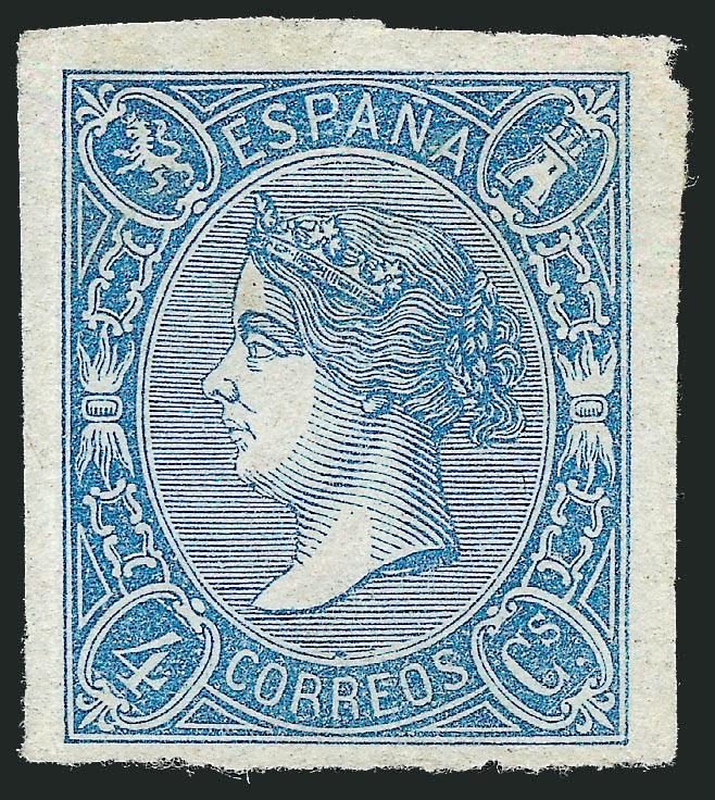 SPAIN, 1865, 4c Blue (68).> Without gum as always, three huge margins, large at bottom, faint crease, Extremely Fine appearance, a very scarce stamp that was never placed in use