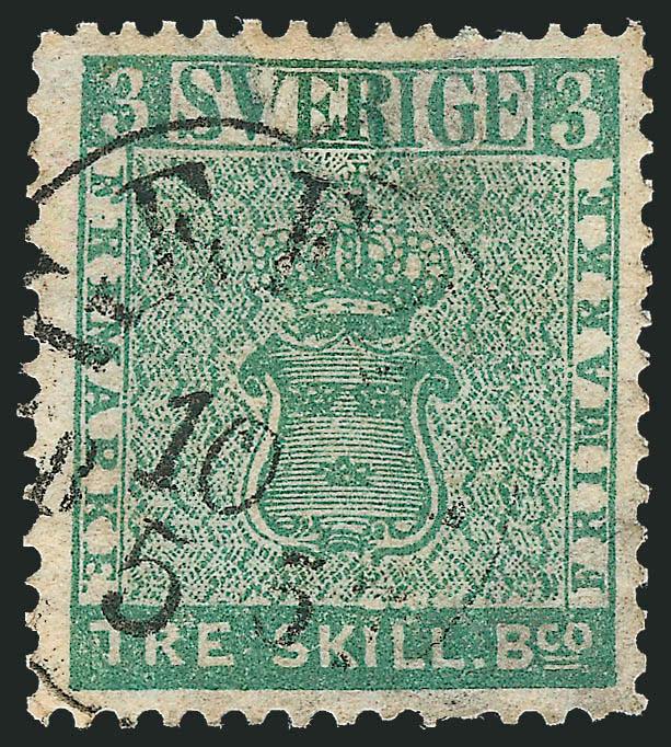 SWEDEN, 1855, 3s Blue Green (1).> Light circular datestamp, repaired (as are many of this stamp), Very Fine appearance