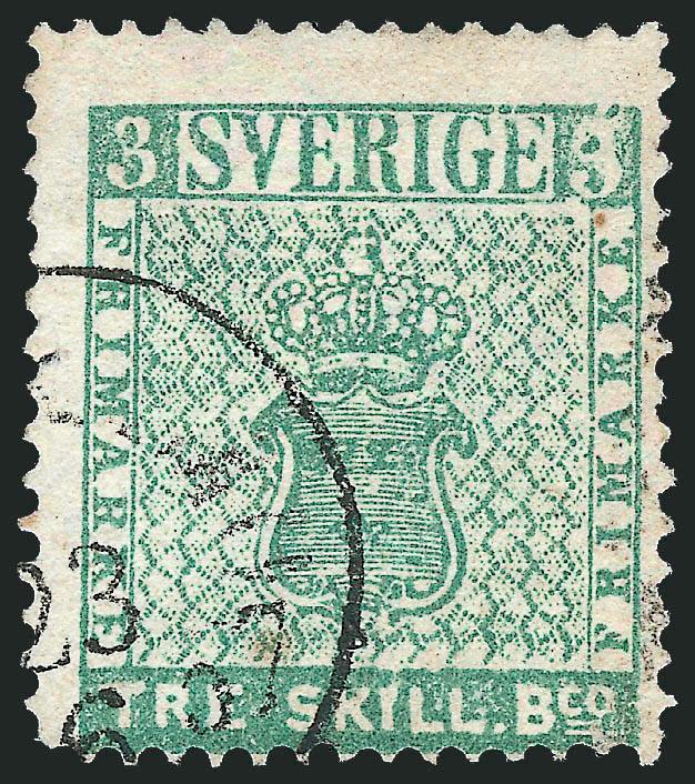 SWEDEN, 1855, 3s Pale Blue Green (1b).> Light circular datestamp, tiny thin spot, Fine appearance