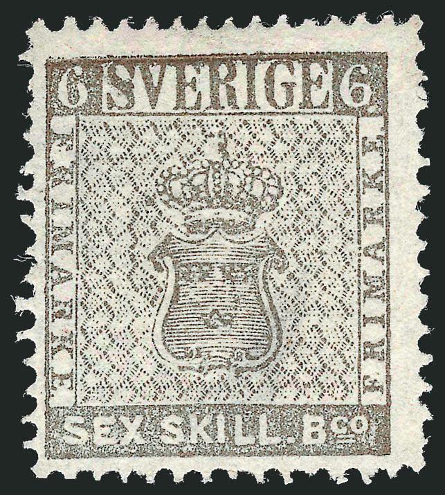 SWEDEN, 1855, 6s Gray (3).> Unused (no gum), thin spot, Fine appearance