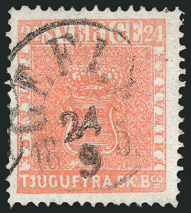 SWEDEN, 1855, 24s Dull Red (5).> Nicely centered, neat circular datestamp, couple nibbed perfs at left, otherwise Very Fine