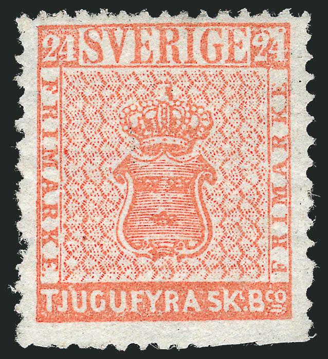 SWEDEN, 1855, 24s Orange Red, Thin Paper (5a).> Unused (no gum), fresh color, tiny margin nick at left, otherwise Fine