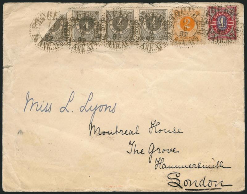 SWEDEN, 1886-92, 4o Gray, Diagonal Bisect (42 var.).> In strip of four with three normal stamps plus 2o Orange No. 40 and 4o Carmine and Ultramarine No. 55, all tied by Stockholm Sept. 14, 1892 circular
datestamps (the bisect well-tied across the c