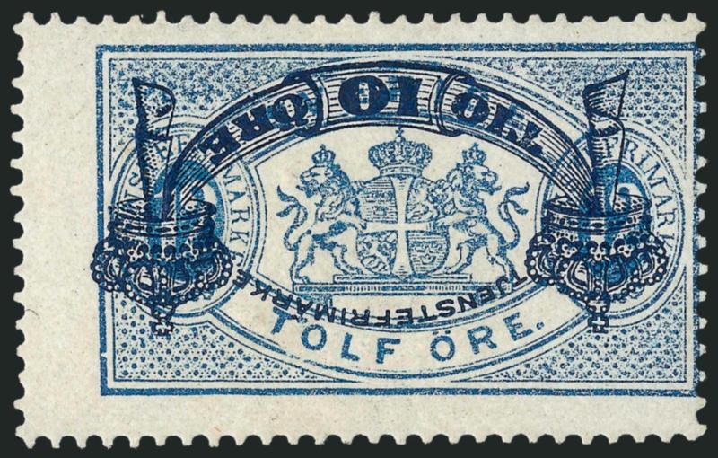 SWEDEN, 1889, 10o on 12o Blue, Official, Inverted Surcharge (O26a).> Original gum, lightly hinged, minute margin thin speck, perfs barely in at right, scarce