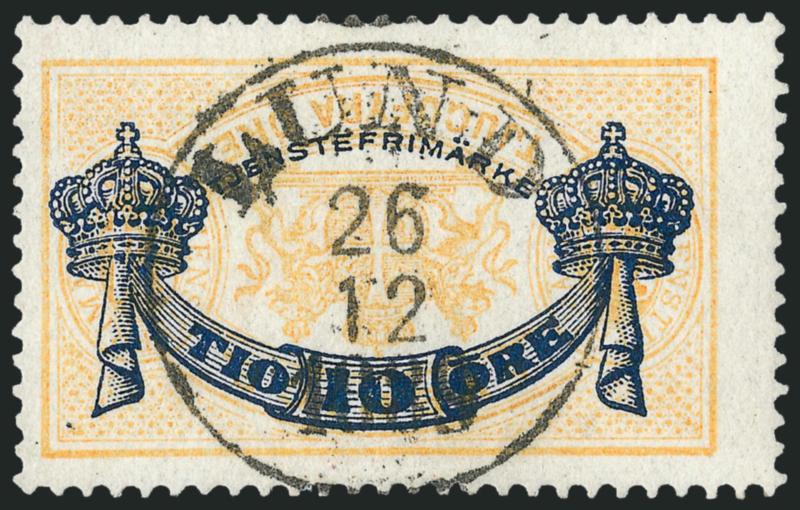 SWEDEN, 1889, 10o on 24o Yellow, Official, Inverted Surcharge (O27a).> Well-centered, perfect strike of Lund Dec. 26, 1889 circular datestamp, tiny thin speck, Very Fine appearance
