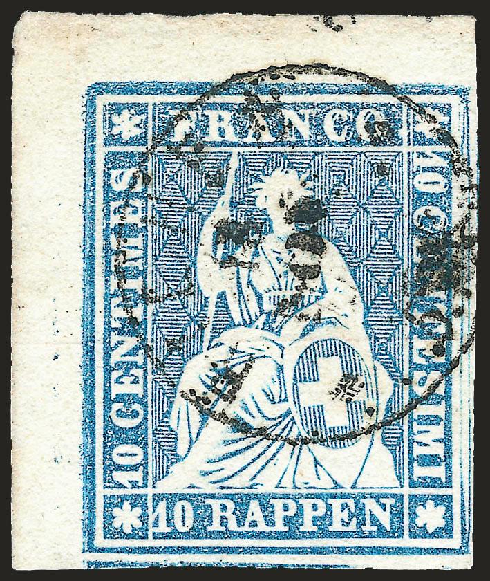 SWITERLAND, 1855, 10r Blue, Second Bern Printing (27 Zumstein 23Cd).> Fabulous margins incl. top left sheet corner, <shows interesting frame variety at right> (Zumstein 23Cd.2.02), light Riehen 5. Pk. circular
datestamp, Extremely Fine, with 1992 Re