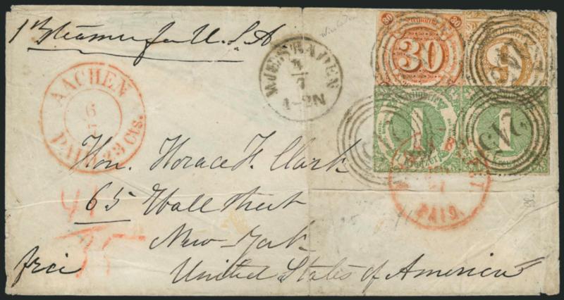 THURN & TAXIS, 1859-62, 30kr Orange (52).> Used with two 1kr Green No. 56 and one 9kr Bister No. 55 on cover to U.S., tied by 245 in four-ring targets, Weisbaden circular datestamp, 1kr stamps also tied by red
N. York Br. Pkt. Paid, red Aachen P