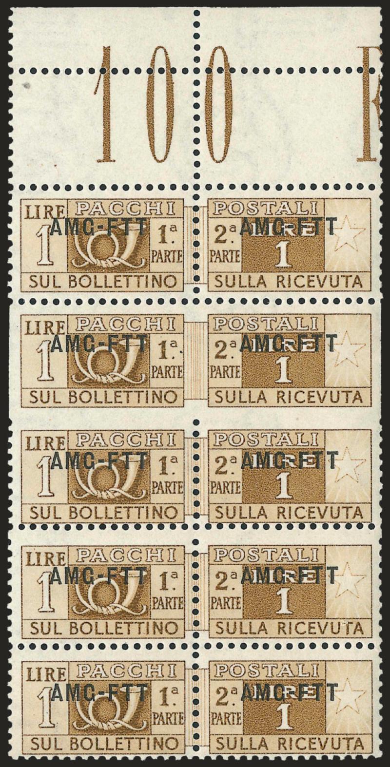 TRIESTE ZONE A, 1949-53, 1l Yellow Brown, Parcel Post, Skipped Comb Perforation (Sassone PP13q).> Mint N.H. vertical block of five pairs with huge top sheet margin, second pair imperf at sides and in between
second and third pairs, Fine-Very Fi
