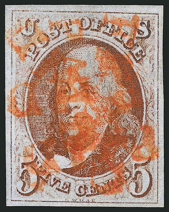 5c Red Brown (1).> Large even margins all around, bright color beautifully complemented by <orange-red Paid handstamp struck multiple times and also single strike of Free> handstamp<><>^EXTREMELY FINE. A BEAUTIFUL
USED EXAMPLE OF THE 5-CENT 184