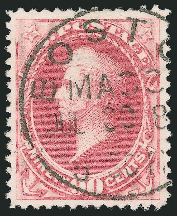 90c Carmine (191).> Wide margins and choice centering, fresh bright color, clear strike of Boston circular datestamp<><>^EXTREMELY FINE. A HIGHLY DESIRABLE USED EXAMPLE OF THE 90-CENT 1879 AMERICAN BANK NOTE
COMPANY ISSUE. SCARCE CANCELLED BY A TOW