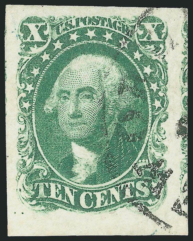 10c Green, Ty. I (13).> Position 95L1, huge to enormous margins all around incl. portion of <bottom sheet margin> and adjoining stamp at right, lovely bright color and lightly cancelled by an almost face-free
circular datestamp<><>^EXTREMELY FINE G
