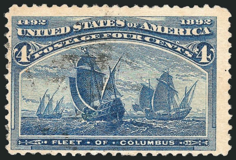4c Columbian, Error of Color (233a).> Beautiful deep rich color, light strike of duplex circular datestamp, faint diagonal crease at top left<><>^FINE APPEARANCE. ONLY THIRTEEN USED EXAMPLES OF THE 4-CENT
COLUMBIAN ERROR OF COLOR HAVE BEEN CERTIFIE