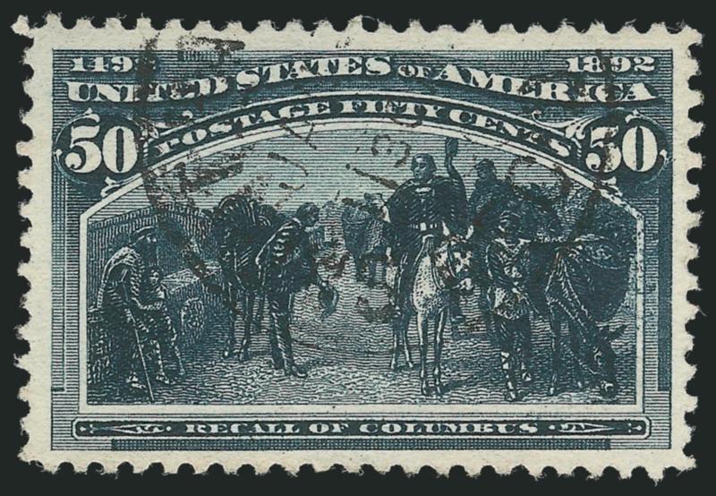 50c Columbian (240).> Beautiful wide margins and handsomely centered, incredibly intense color on bright white paper, light strike of circular datestamp, Extremely Fine, striking used example, with 2006 P.S.E.
certificate (VF-XF 85 SMQ $270.00)