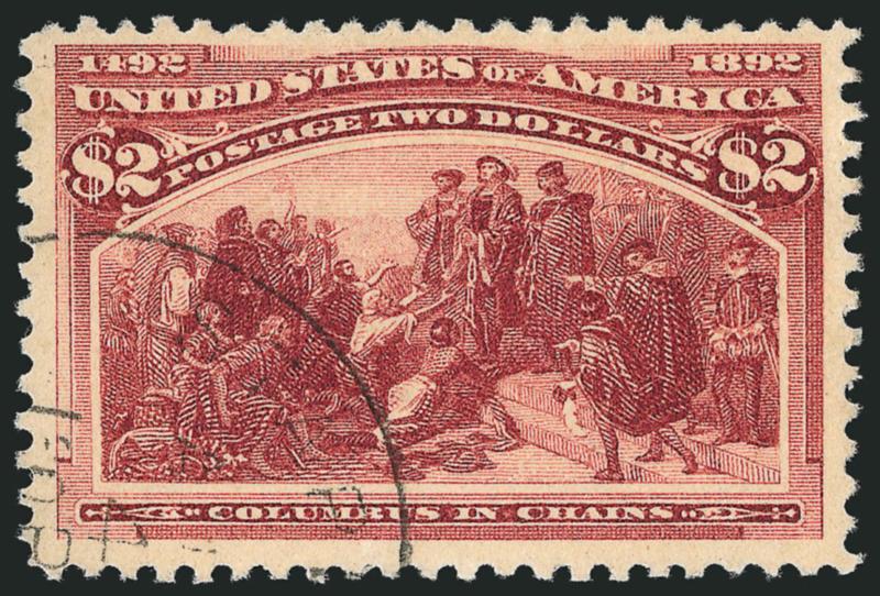 $2.00 Columbian (242).> Brilliant shade, neat strike of circular datestamp cancel, fresh and Very Fine, a pretty stamp, many are plagued by heavy cancels, with 1995 and 2005 P.F. certificates