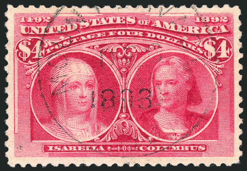 $4.00 Columbian (244).> Radiant color as fresh as the day it was printed, bright paper, long and full perforations all around, neat strike of Dec. 30, 1893 circular datestamp<><>^EXTREMELY FINE GEM. A SUPERB
USED EXAMPLE OF THE $4.00 COLUMBIAN, WHI