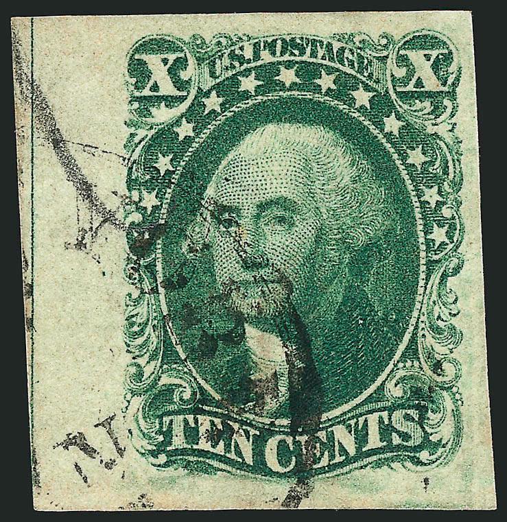 10c Green, Ty. II (14).> Huge margins all around incl. <straddle-pane margin> at left, deep rich color and proof-like impression, bold strike of circular datestamp<><>^EXTREMELY FINE GEM. A MASSIVE EXAMPLE OF THE
1855 10-CENT IMPERFORATE TYPE II.<