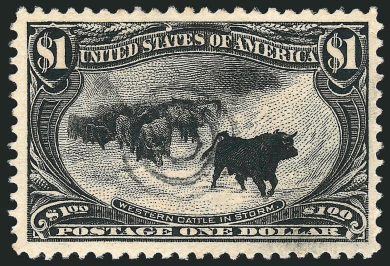 $1.00 Trans-Mississippi (292).> Wide margins, intense shade and impression, centrally-struck target cancel leaves design clearly visible<><>^EXTREMELY FINE. A BEAUTIFUL USED EXAMPLE OF THE $1.00
TRANS-MISSISSIPPI ISSUE, WHICH HAS BEEN WIDELY DESCRI