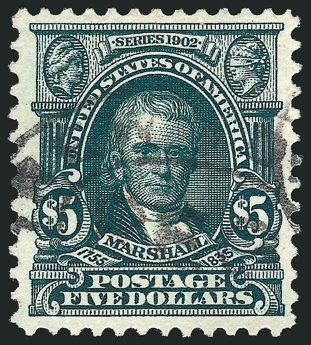 $5.00 Dark Green (313).> Deep rich color, oval registry cancel, Very Fine and choice, an elusive stamp in used condition in higher grades, with 1983 and 2006 P.F. certificates