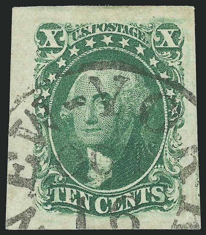 10c Green, Ty. III (15).> Phenomenal Jumbo margins all around incl. <sheet margin at left,> New-York Oct. 15 circular datestamp, rich color<><>^EXTREMELY FINE GEM. A MASSIVE SHEET-MARGIN EXAMPLE OF THE 1855
10-CENT IMPERFORATE TYPE III.^<>In rec