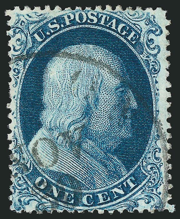 1c Blue, Ty. Ia (19).> Position 95R4, choice centering with large part of the bottom plumes visible, light strike of town datestamp, intense shade and proof-like impression, a very early state of the plate with
clearly defined plating marks including