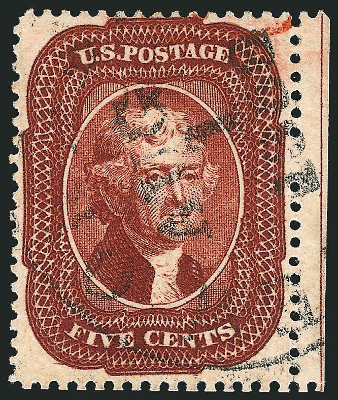 5c Indian Red (28A).> Choice centering with <straddle-pane margin at right> showing full guideline, gorgeous color in the true Indian Red shade, unobtrusive strike of New Orleans La. Aug. 1, 1858 circular
datestamp<><>^VERY FINE AND CHOICE USED E