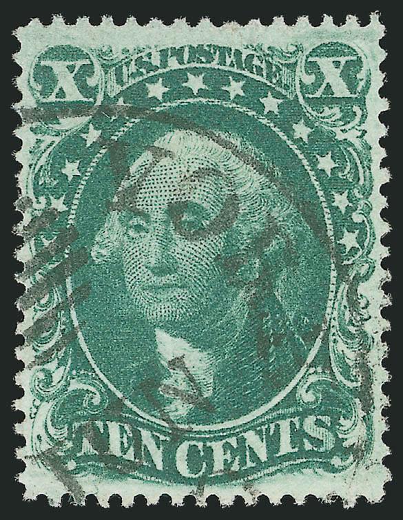 10c Green, Ty. III (33).> Choice centering with well-balanced margins, deep rich color on bright paper, detailed impression, clear strike of <New York Ocean Mail> cancel, Extremely Fine, with 1992 and 2004 P.F.
certificates, Scott Retail with no prem