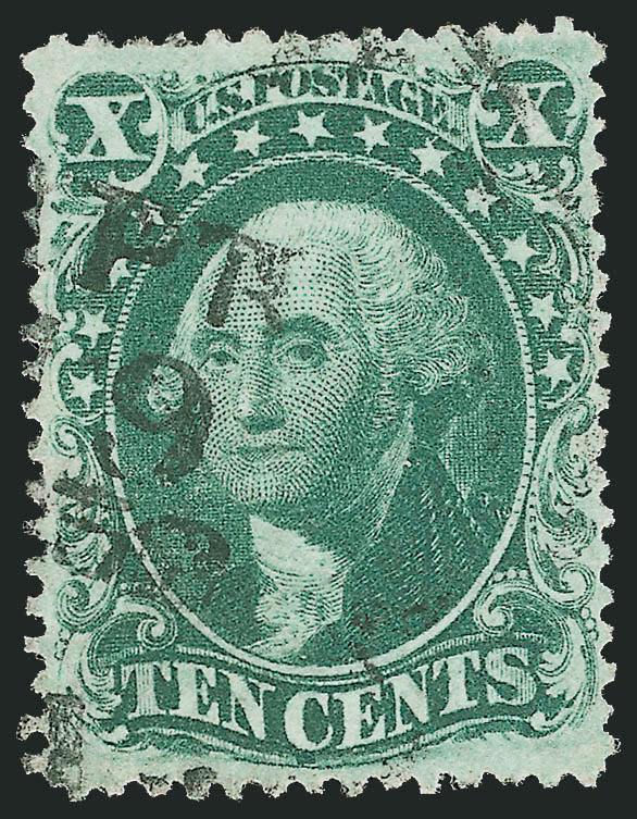 10c Green, Ty. IV (34).> Position 64L1, <recut at top and bottom,> lightly cancelled by Apr. 1859 town datestamp (accompanying 1990 P.F.C. states Sep. 19, 1858 in error), deep rich color on bright
paper<><>^EXTREMELY FINE GEM. AN OUTSTANDING EXAMPL