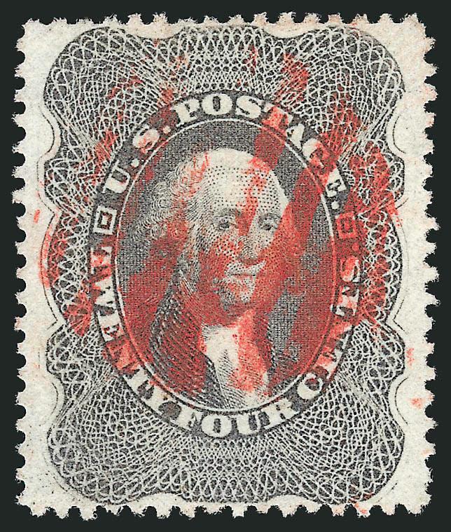 24c Gray Lilac (37).> Perfectly centered with wide and balanced margins, radiant color on crisp paper, bold strike of <red grid> cancel<><>^EXTREMELY FINE GEM. A SUPERB USED EXAMPLE OF THE 24-CENT 1860 ISSUE,
WHICH HAS BEEN GRADED XF-SUPERB 95 BY P