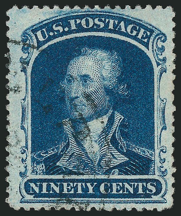 90c Blue (39).>  Gorgeous centering with wide margins all around, deep rich color and sharp impression, clear strike of black Philadelphia circular datestamp cancel, long and full perforations<><>^EXTREMELY FINE
GEM. A SUPERB USED EXAMPLE OF THE SH