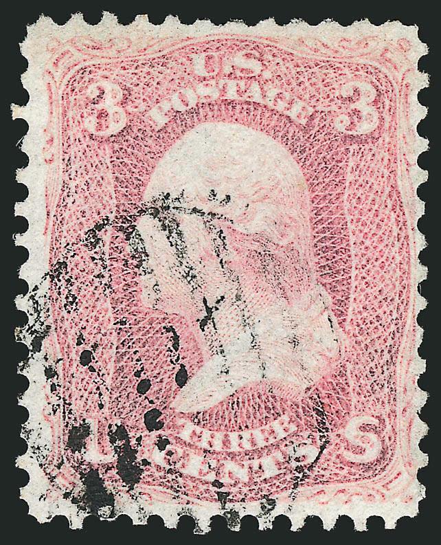 3c Pigeon Blood Pink (64a).> Brilliant color in the true Pigeon Blood shade, choice centering, bold strike of grid cancel<><>^VERY FINE AND CHOICE USED EXAMPLE OF THE RARE 1861 3-CENT PIGEON BLOOD PINK.^<><>With
2001 P.F. certificate