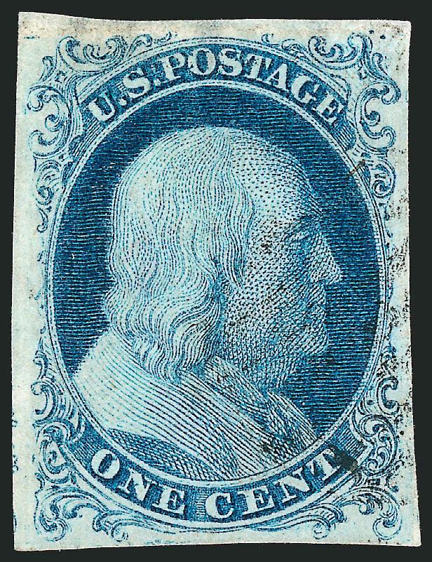 1c Blue, Ty. I (5).> Position 7R1E, large margins all around, bright early shade and impression, very lightly cancelled by black grid, with 1989 P.F. certificate describing stamp as defective and repaired however,
in fluid and under UV light, we d