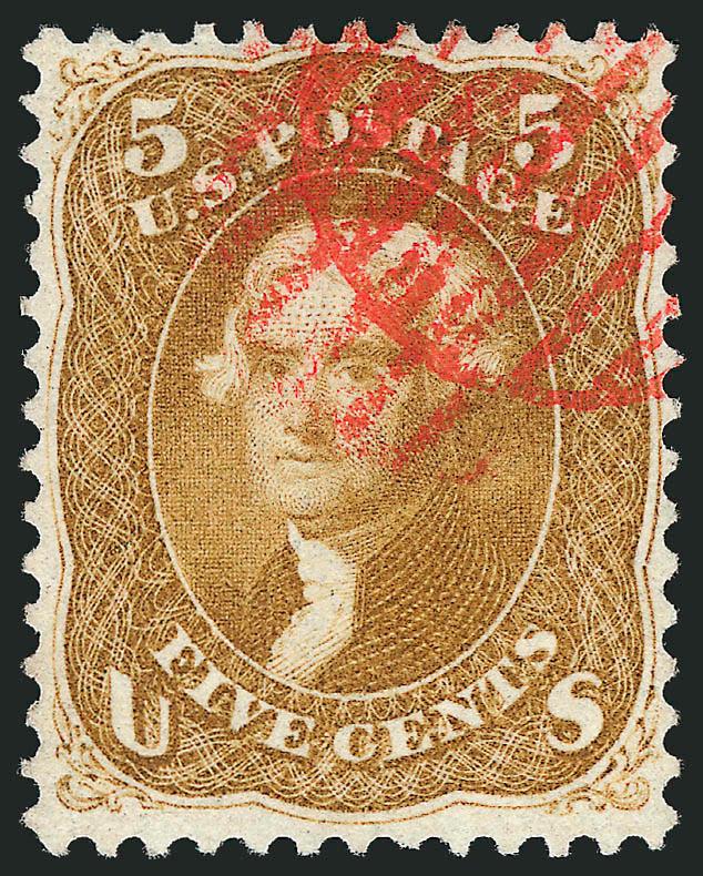 5c Buff (67).> Rich color and detailed impression nicely complemented by <red grid> cancel, choice centering with balanced margins, long and full perforations<><>^EXTREMELY FINE. A BEAUTIFUL USED EXAMPLE OF THE
1861 5-CENT BUFF WITH GORGEOUS COLOR,