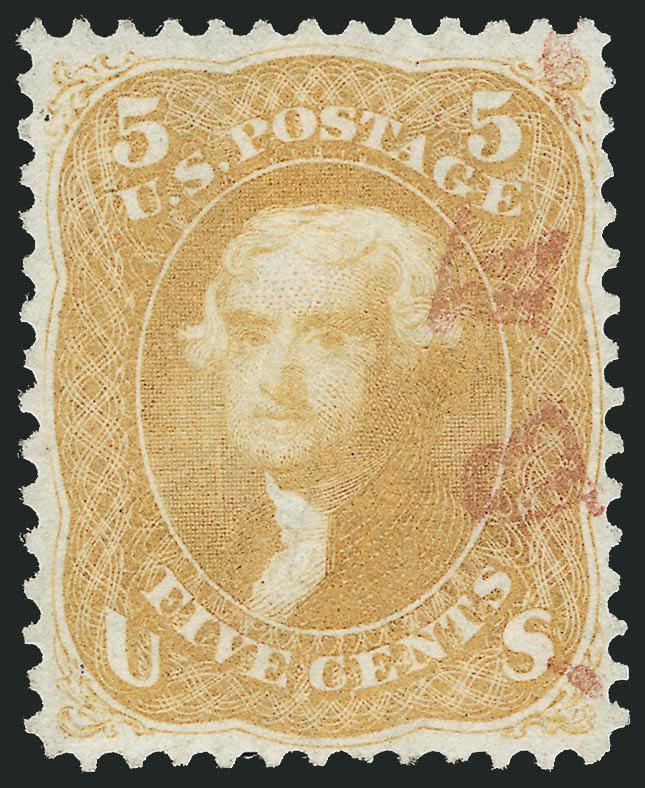 5c Brown Yellow (67a).> Fresh color in an unusually bright shade, choice centering with perforations clear of design on all sides, neat strike of <red town> circular datestamp at right leaves design clearly
visible<><>^EXTREMELY FINE GEM. A SUPERB