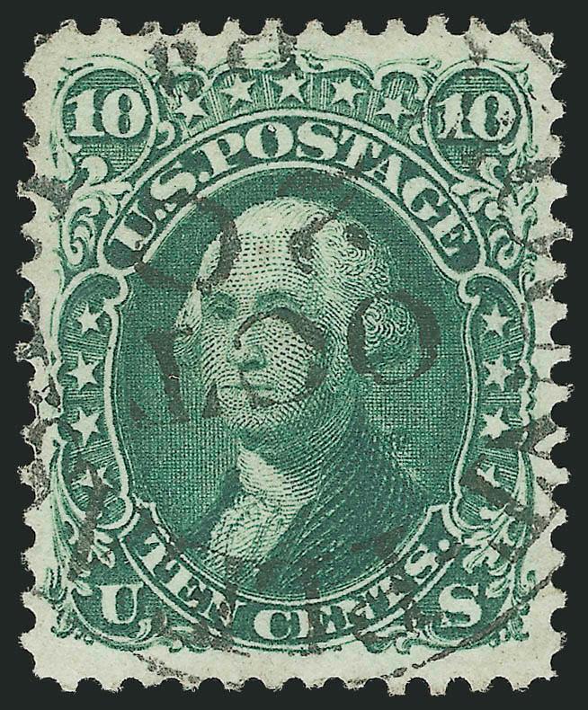 10c Green (68 var).> Perfectly centered with wide margins all around, deep rich color in the Green sub-shade, proof-like impression, neat strike of Mount Pleasant Pa. Oct. 20 circular datestamp, Extremely Fine
Gem, with 2004 P.F. certificate