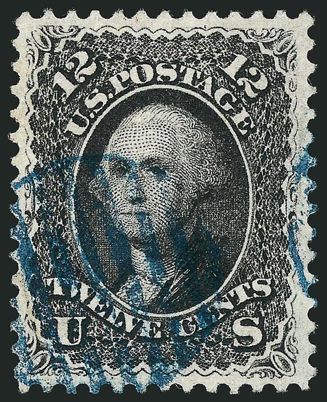 12c Black (69).> Choice centering with wide and balanced margins, intense shade and proof-like impression nicely complemented by <blue grid> cancel, Extremely Fine Gem, a beautiful stamp, with 2004 P.F.
certificate