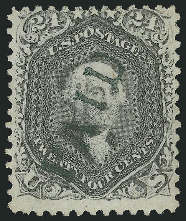 24c Blackish Violet (78c).> Magnificent intense color, perfect clear strike of Paid cancel, perfs just in at top<><>FINE EXAMPLE OF THE 24-CENT BLACKISH VIOLET. THIS IS POSSIBLY THE MOST DIFFICULT SHADE OF THE
1861-63 ISSUE TO OBTAIN IN ANY CONDI