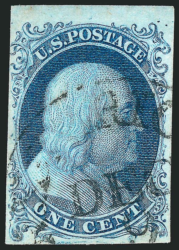 1c Blue, Ty. Ib (5A).> Position 8R1E, huge margins to barely touched incl. <sheet margin at top,> beautiful warm shade, neat strike of circular datestamp leaves the design characteristics clearly visible<><>^VERY
FINE AND CHOICE. A STUNNING EXAMPLE