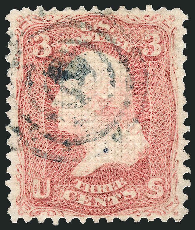 3c Rose, D. Grill (85).> Choice centering with wide and balanced margins, bright color, clearly-defined grill points, neat strike of target cancel<><>^EXTREMELY FINE. A BEAUTIFUL USED EXAMPLE OF THE 1868 3-CENT
ROSE D GRILL.^<><>With 1998 P.F. ce
