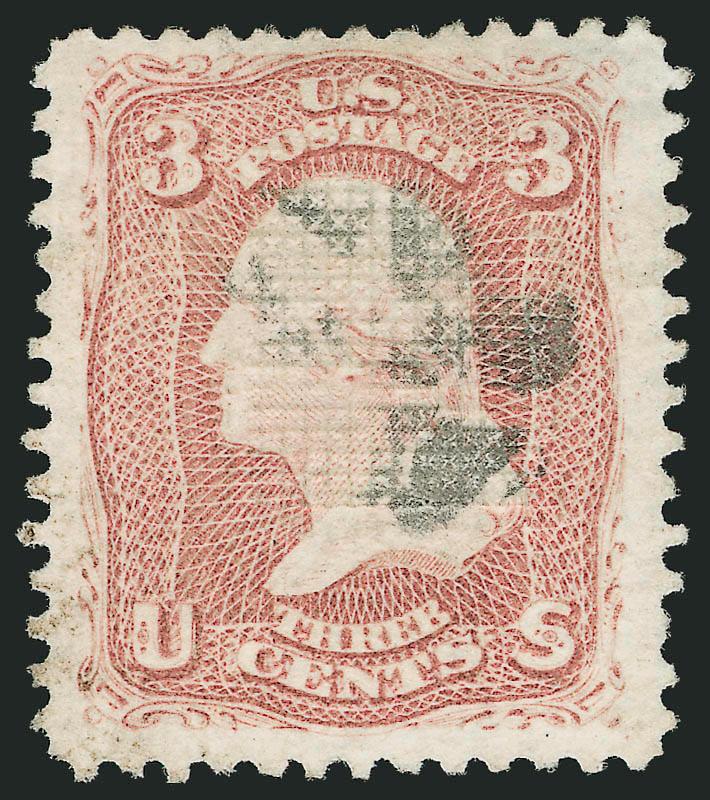 3c Rose, Z. Grill (85C).> Rich color, strong grill which is clearly visible from the front of the stamp, three enormous margins and well clear at top, light strike of cork cancel<><>^EXTREMELY FINE. A RARE SOUND
EXAMPLE OF THE 1868 3-CENT Z GRILL W