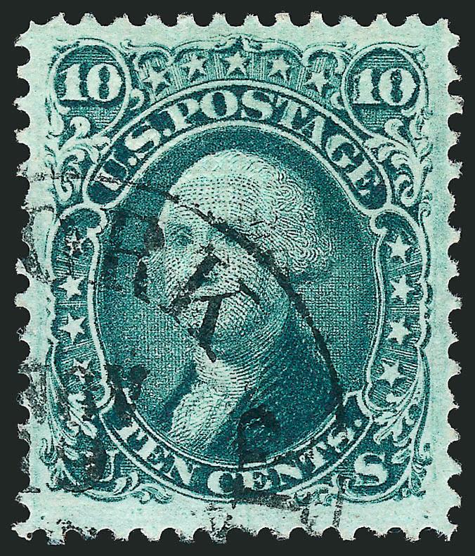 10c Blue Green, E. Grill (89 var).> Wide margins all around, rich color, <N. York Steamship Nov. 19> circular datestamp<><>EXTREMELY FINE EXAMPLE OF THE 1868 10-CENT E GRILL IN THE BLUE GREEN SUB-SHADE. A
PHENOMENAL STAMP.^<><>With 1980, 1992 a