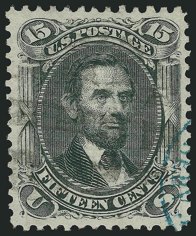 15c Black, E. Grill (91).> Perfectly centered, detailed impression, black cork and <blue> transit cancels<><>^EXTREMELY FINE GEM. VERY FEW EXAMPLES OF THE 1868 15-CENT E GRILLED ISSUE RIVAL THIS BEAUTIFUL STAMP,
WHICH HAS BEEN GRADED XF-SUPERB 95 B