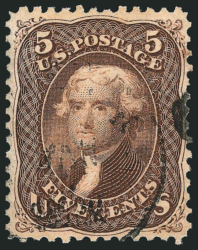 5c Brown, F. Grill (95).> Beautiful color, choice centering, clear grill points, unobtrusive cancel<><>^EXTREMELY FINE USED EXAMPLE OF THE 1868 5-CENT F GRILL.^<><>With 2002 P.F. and 2005 P.S.E. certificates
(VF-XF 85 SMQ $1,350.00). Only four h