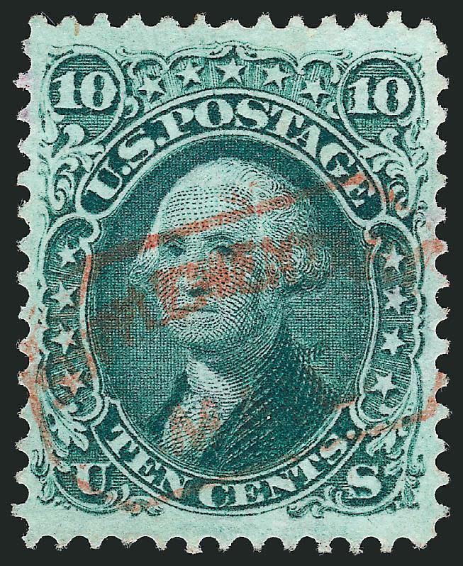 10c Yellow Green, F. Grill (96).> Wide and balanced margins, warm shade nicely complemented by <red New York Ty. A Supplementary Mail> cancel<><>^EXTREMELY FINE GEM. A SUPERB USED EXAMPLE OF THE 1868 10-CENT F
GRILL WITH A RED SUPPLEMENTARY MAIL
