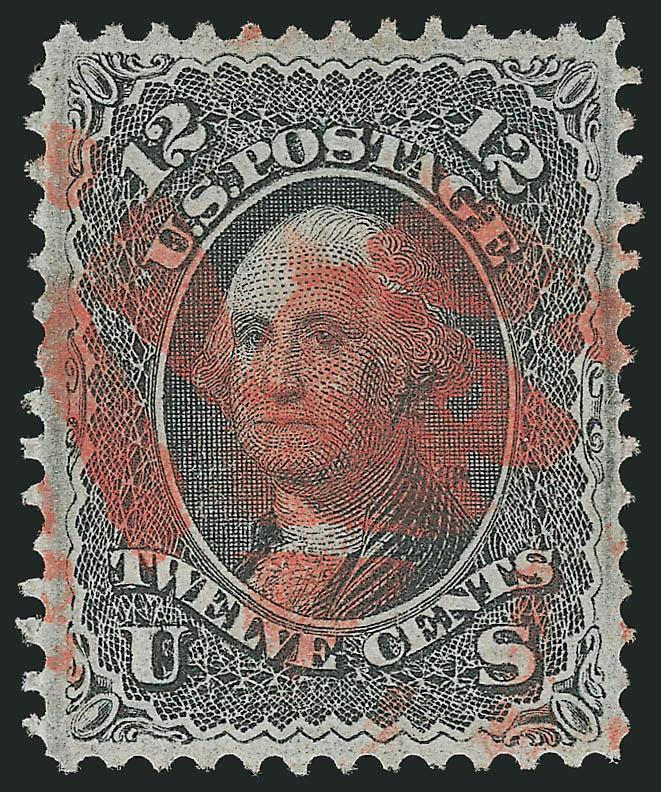 12c Black, F. Grill (97).> Choice centering with well-proportioned margins, crisp impression, bold strike of <red cork> cancel<><>^EXTREMELY FINE EXAMPLE OF THE 1868 12-CENT F GRILL. PARTICULARLY DESIRABLE WITH
THE COLORED CANCEL.^<><>With 1987 a